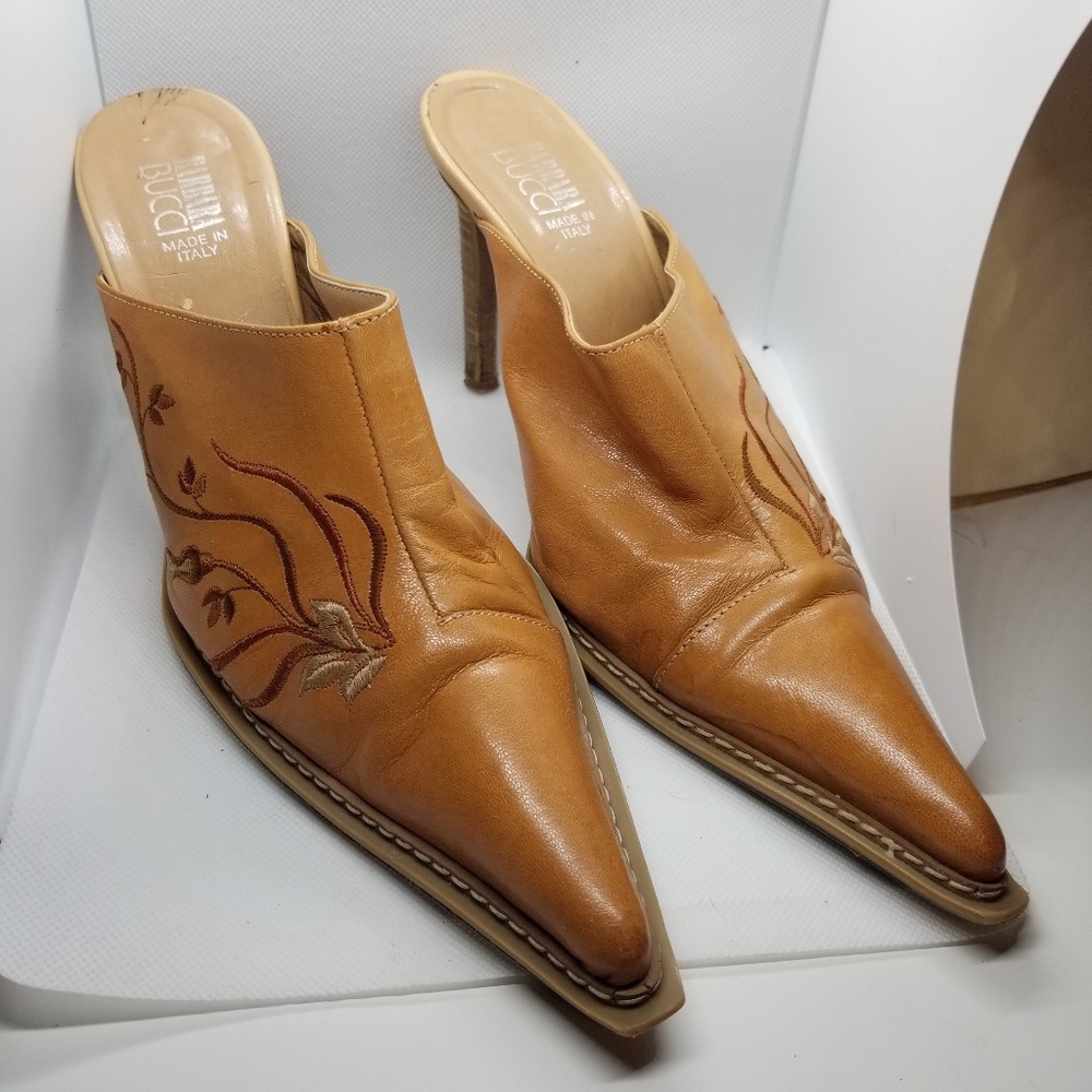 Embroidered Tan Leather Booties